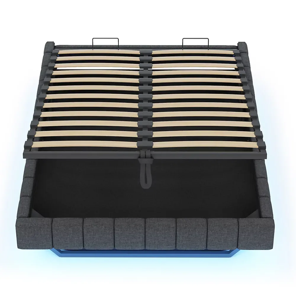 Okwish Lit Coffre 160x200 cm avec Sommier Relevable - Lit Double Tissu Gris avec Rangement et Bande LED Intégrée - Sans Matelas* Lit Coffre