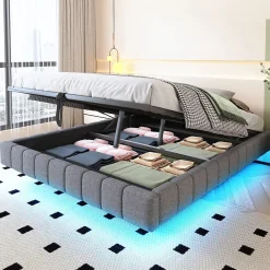 Okwish Lit Coffre 160x200 cm avec Sommier Relevable - Lit Double Tissu Gris avec Rangement et Bande LED Intégrée - Sans Matelas* Lit Coffre