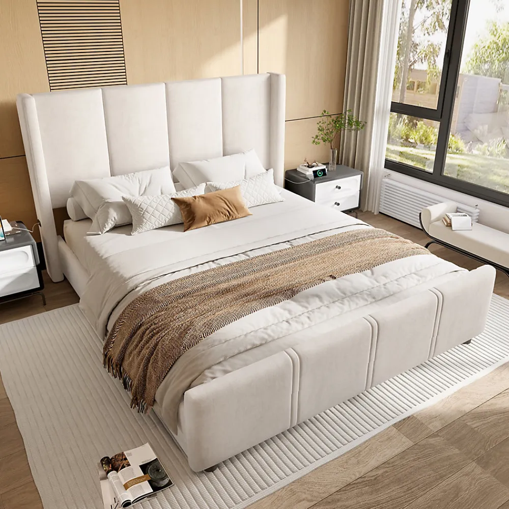 Lit coffre 140x200 cm avec tête de lit trapézoïdale, lit double éclairage LED, ports USB, 2 tiroirs, hauteur réglable, Beige>ProximaX New
