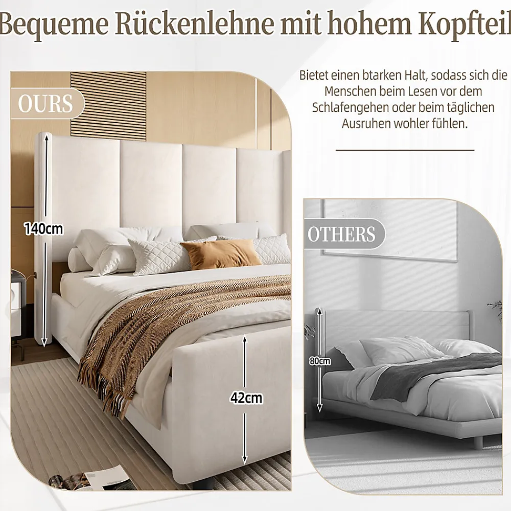 Lit coffre 140x200 cm avec tête de lit trapézoïdale, lit double éclairage LED, ports USB, 2 tiroirs, hauteur réglable, Beige>ProximaX New