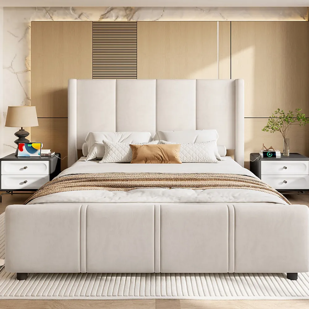 Lit coffre 140x200 cm avec tête de lit trapézoïdale, lit double éclairage LED, ports USB, 2 tiroirs, hauteur réglable, Beige>ProximaX New