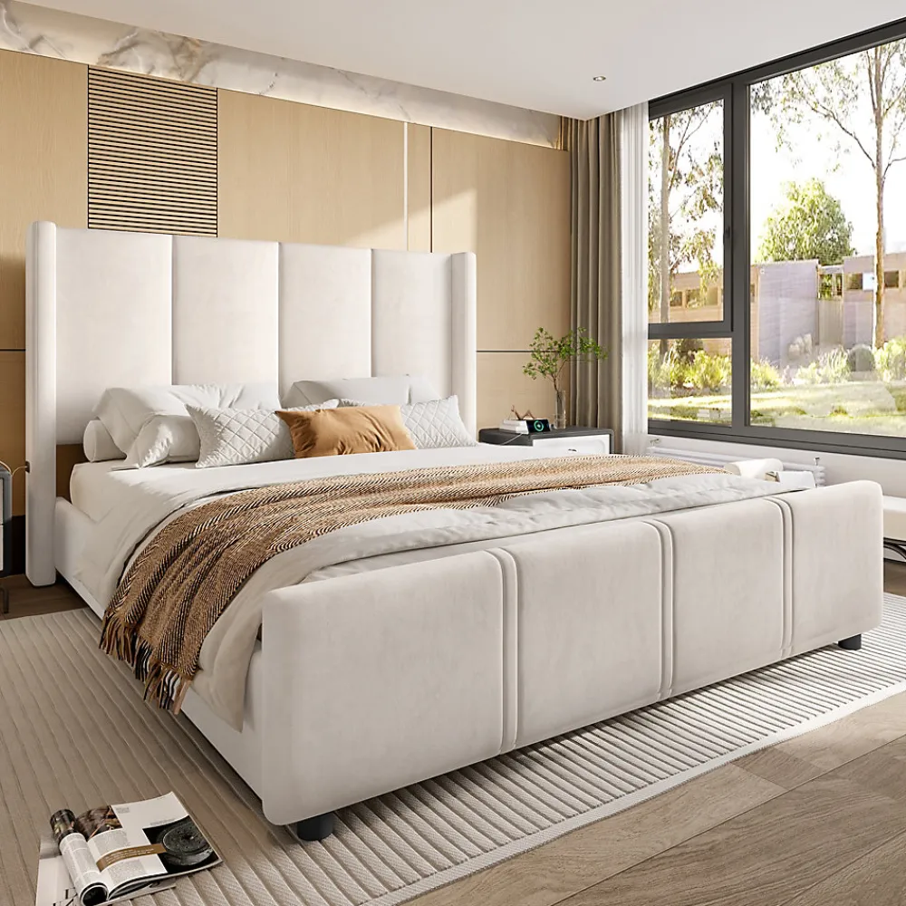 Lit coffre 140x200 cm avec tête de lit trapézoïdale, lit double éclairage LED, ports USB, 2 tiroirs, hauteur réglable, Beige>ProximaX New