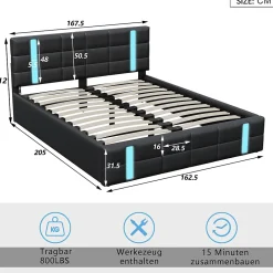 Simple Life Lit Coffre 160x200 cm avec USB et Type-C,LED,Lit Capitonné avec Rangement,hydraulique lit, PU* Lit Coffre