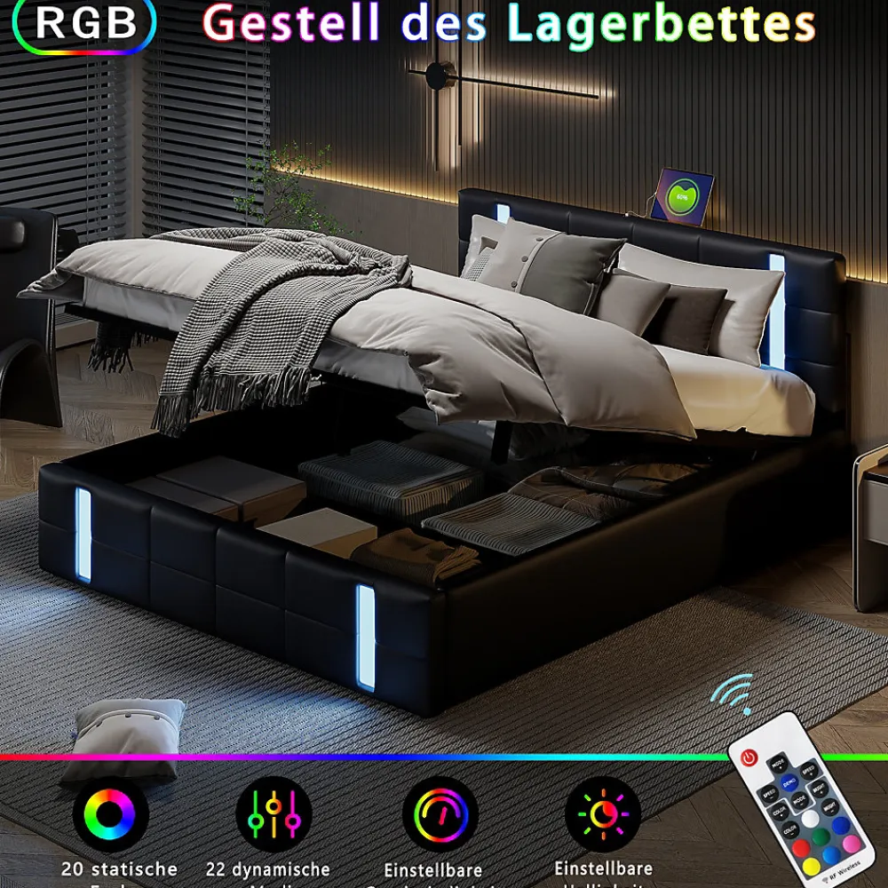 Simple Life Lit Coffre 160x200 cm avec USB et Type-C,LED,Lit Capitonné avec Rangement,hydraulique lit, PU* Lit Coffre