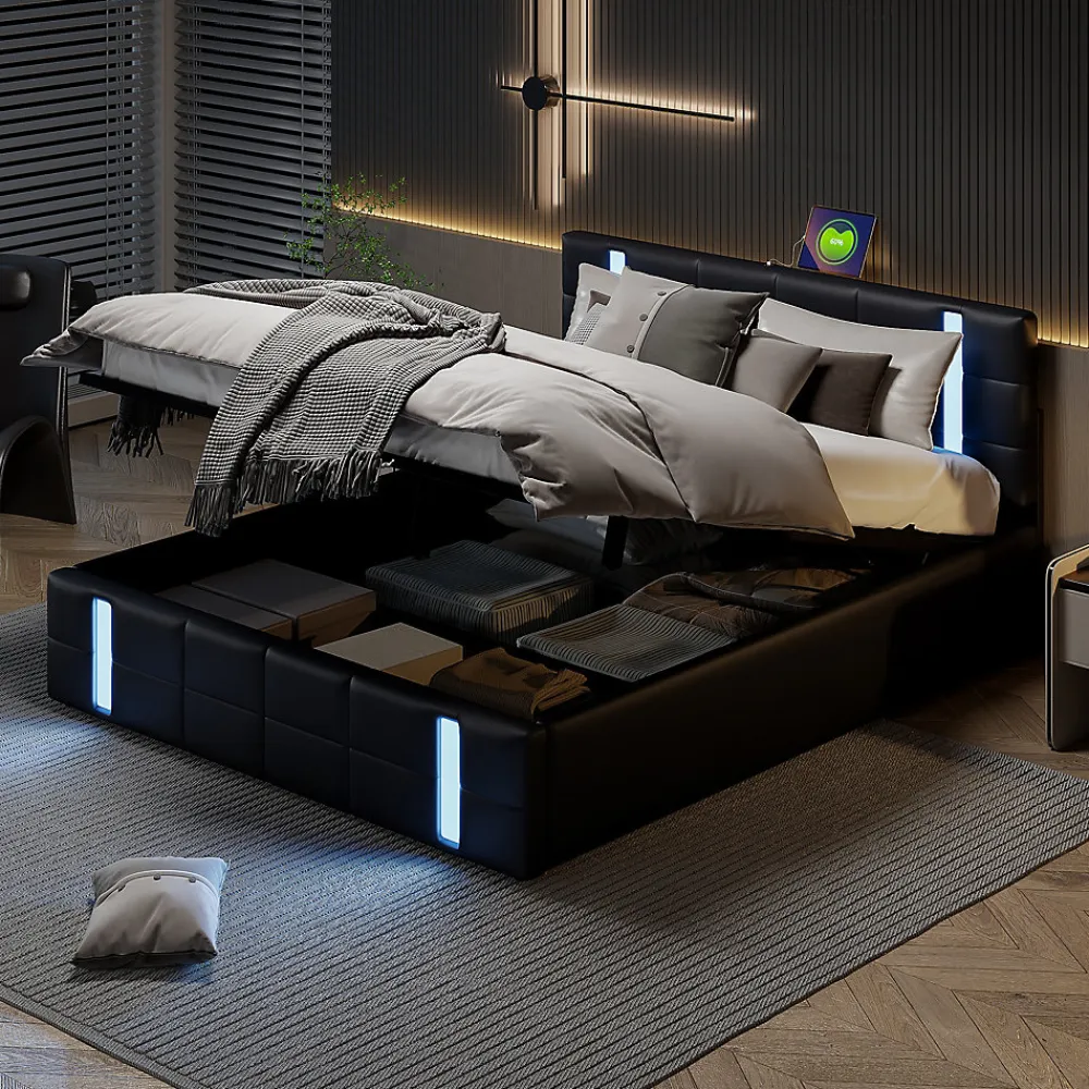 Simple Life Lit Coffre 160x200 cm avec USB et Type-C,LED,Lit Capitonné avec Rangement,hydraulique lit, PU* Lit Coffre