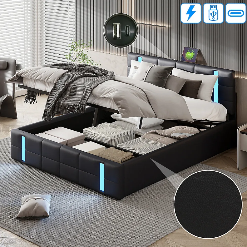 Simple Life Lit Coffre 160x200 cm avec USB et Type-C,LED,Lit Capitonné avec Rangement,hydraulique lit, PU* Lit Coffre