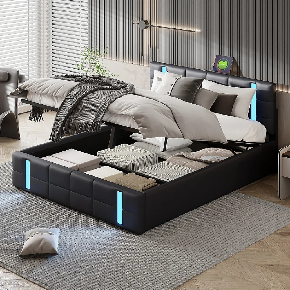 Simple Life Lit Coffre 160x200 cm avec USB et Type-C,LED,Lit Capitonné avec Rangement,hydraulique lit, PU* Lit Coffre