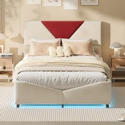 Lit coffre 140x200 cm beige avec tête triangulaire bordeaux, rangement à ouverture assistée par vérin, design moderne et pratique>ProximaX Hot