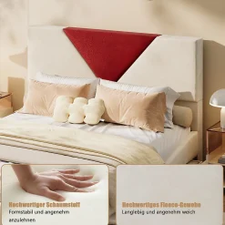 Lit coffre 140x200 cm beige avec tête triangulaire bordeaux, rangement à ouverture assistée par vérin, design moderne et pratique><noscript><img width=