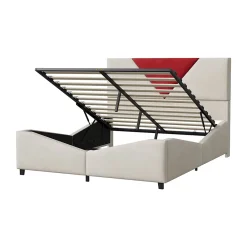 Lit coffre 140x200 cm beige avec tête triangulaire bordeaux, rangement à ouverture assistée par vérin, design moderne et pratique><noscript><img width=
