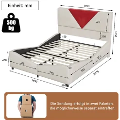 ProximaX Lit coffre 140x190 cm beige avec tête triangulaire bordeaux, rangement à ouverture assistée par vérin, design moderne et pratique* Lit Coffre