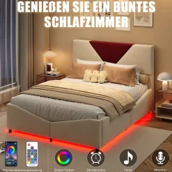 ProximaX Lit coffre 140x190 cm beige avec tête triangulaire bordeaux, rangement à ouverture assistée par vérin, design moderne et pratique* Lit Coffre