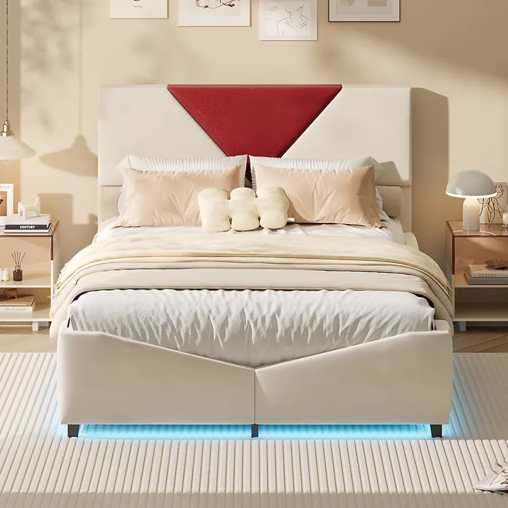 ProximaX Lit coffre 140x190 cm beige avec tête triangulaire bordeaux, rangement à ouverture assistée par vérin, design moderne et pratique* Lit Coffre