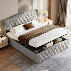 Lit Coffre 160x200 Cm, Cadre De Lit Avec Tête De Lit Et Sommier à Lattes, Velours, Gris>Fortuna lai