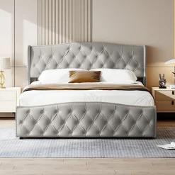 Lit Coffre 160x200 Cm, Cadre De Lit Avec Tête De Lit Et Sommier à Lattes, Velours, Gris><noscript><img width=
