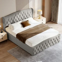 Lit Coffre 160x200 Cm, Cadre De Lit Avec Tête De Lit Et Sommier à Lattes, Velours, Gris><noscript><img width=