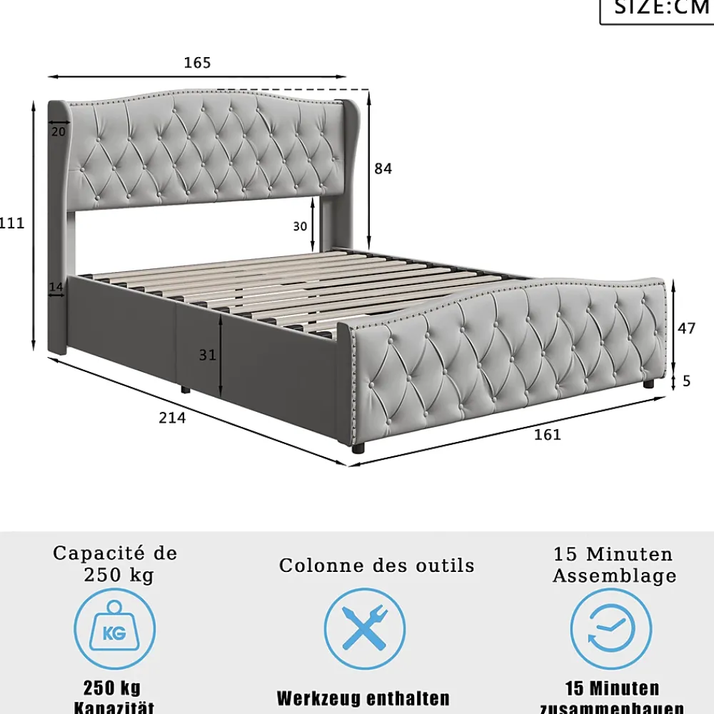 Simple Life Lit Coffre 160x200 Cm, Cadre De Lit Avec Tête De Lit Et Sommier à Lattes, Velours, Gris* Lit Coffre