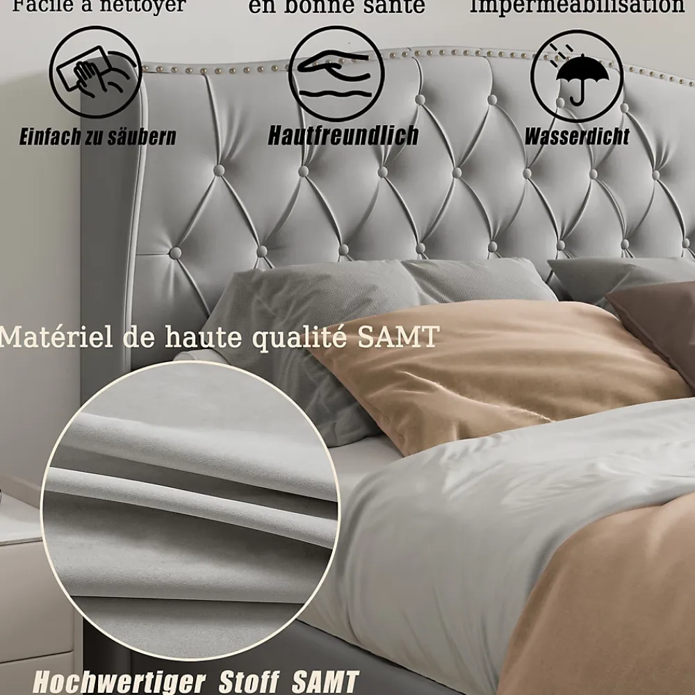 Simple Life Lit Coffre 160x200 Cm, Cadre De Lit Avec Tête De Lit Et Sommier à Lattes, Velours, Gris* Lit Coffre