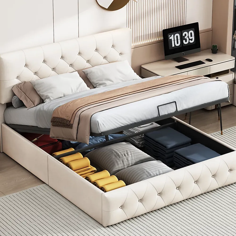 Simple Life Lit Coffre 160x200 Cm, Cadre De Lit Avec Tête De Lit Et Sommier à Lattes, Velours, Beige* Lit Coffre