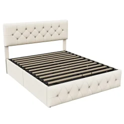 Simple Life Lit Coffre 160x200 Cm, Cadre De Lit Avec Tête De Lit Et Sommier à Lattes, Velours, Beige* Lit Coffre