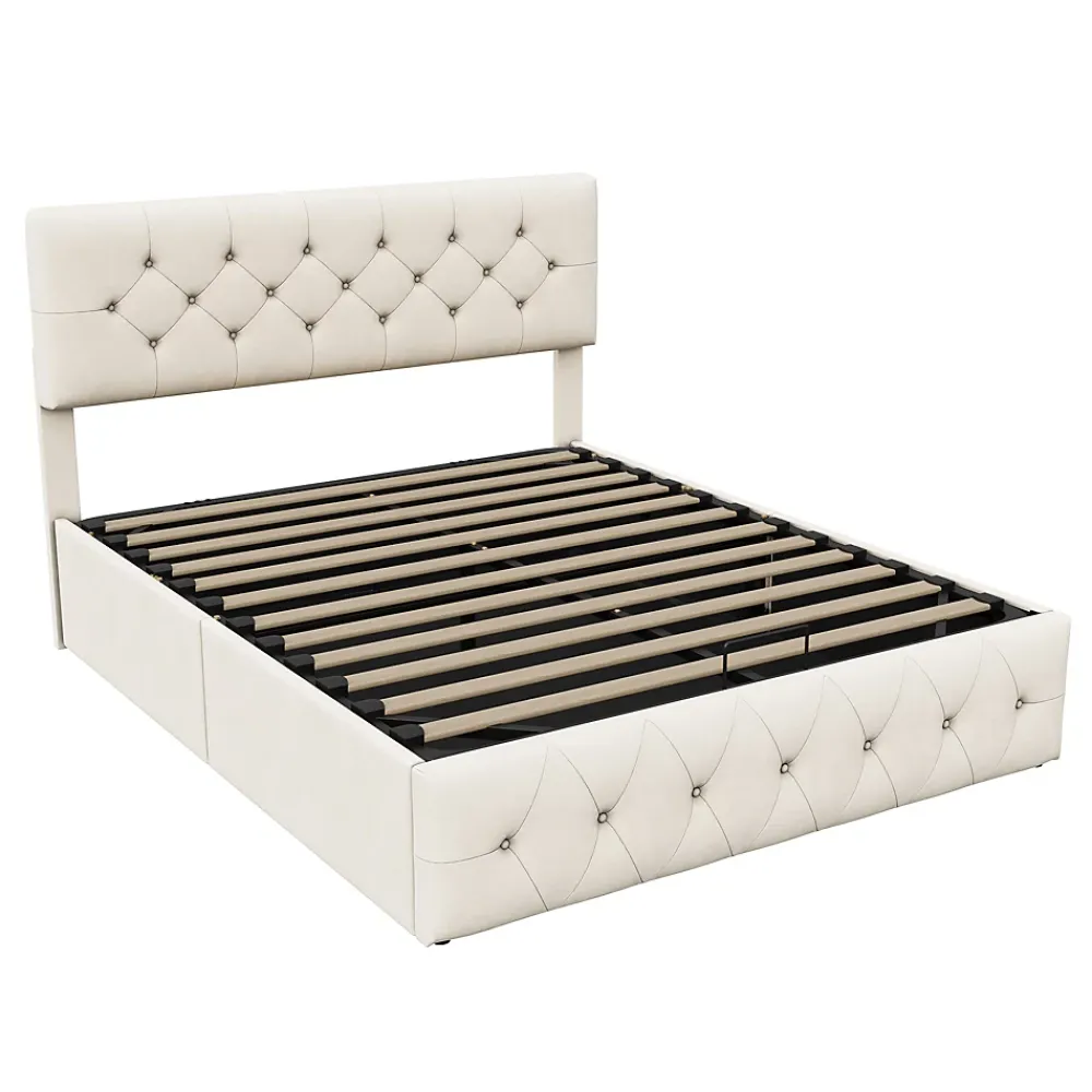 Simple Life Lit Coffre 160x200 Cm, Cadre De Lit Avec Tête De Lit Et Sommier à Lattes, Velours, Beige* Lit Coffre