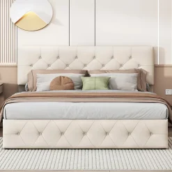 Simple Life Lit Coffre 160x200 Cm, Cadre De Lit Avec Tête De Lit Et Sommier à Lattes, Velours, Beige* Lit Coffre