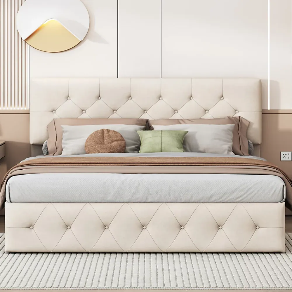 Simple Life Lit Coffre 160x200 Cm, Cadre De Lit Avec Tête De Lit Et Sommier à Lattes, Velours, Beige* Lit Coffre