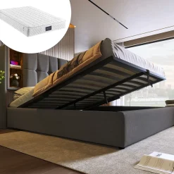 Okwish Lit coffre 140x200 cm capitonné avec rangement intégré, charge sans fil et USB-C - sommier et matelas inclus - tissu coton gris* Ensemble Sommier Et Matelas