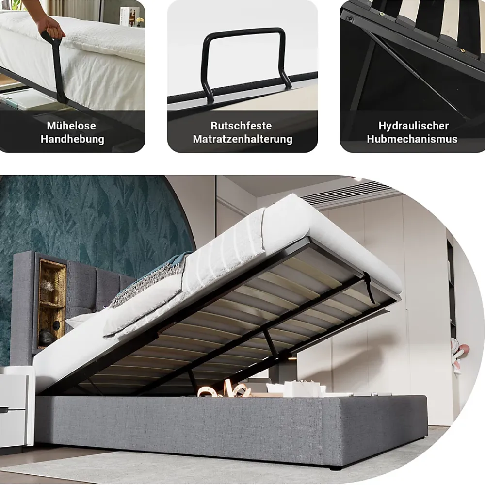 Okwish Lit coffre 140x200 cm capitonné avec rangement intégré, charge sans fil et USB-C - sommier et matelas inclus - tissu coton gris* Ensemble Sommier Et Matelas