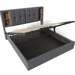 Okwish Lit coffre 140x200 cm capitonné avec rangement intégré, charge sans fil et USB-C - sommier et matelas inclus - tissu coton gris* Ensemble Sommier Et Matelas