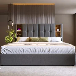 Okwish Lit coffre 140x200 cm capitonné avec rangement intégré, charge sans fil et USB-C - sommier et matelas inclus - tissu coton gris* Ensemble Sommier Et Matelas