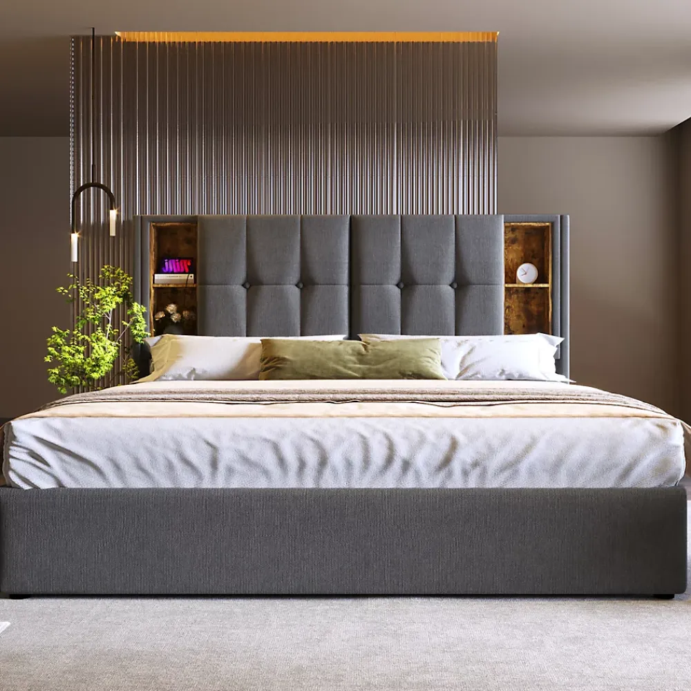 Okwish Lit coffre 140x200 cm capitonné avec rangement intégré, charge sans fil et USB-C - sommier et matelas inclus - tissu coton gris* Ensemble Sommier Et Matelas