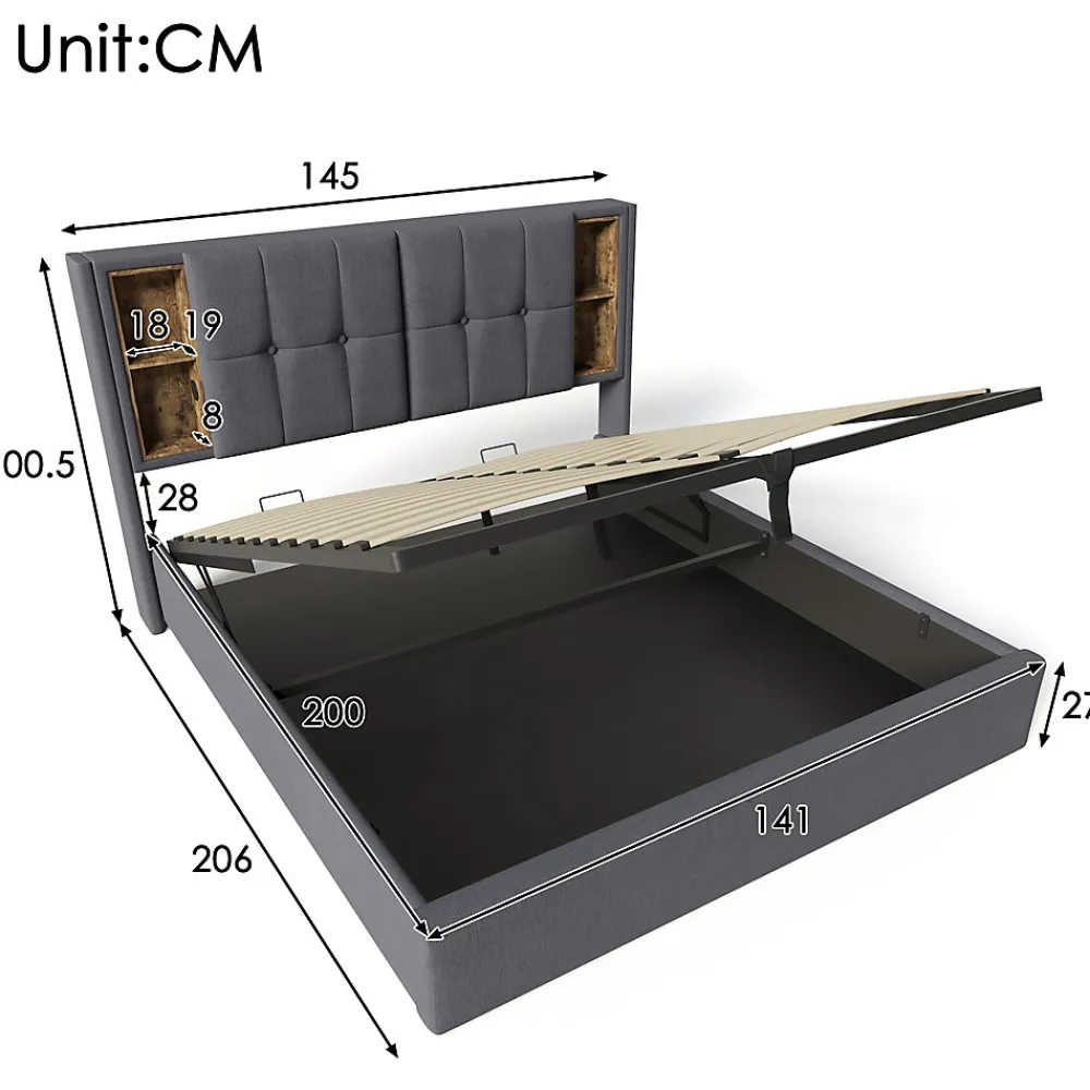 Okwish Lit coffre 140x200 cm capitonné avec rangement intégré, charge sans fil et USB-C - sommier et matelas inclus - tissu coton gris* Ensemble Sommier Et Matelas