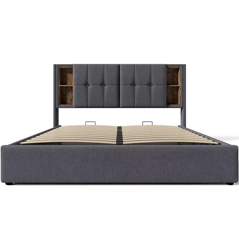 Okwish Lit coffre 140x200 cm capitonné avec rangement intégré, charge sans fil et USB-C - sommier et matelas inclus - tissu coton gris* Ensemble Sommier Et Matelas