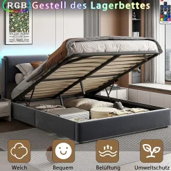 Simple Life Lit coffre 160x200 cm, capitonné, rangement, sommier à lattes, tête de lit, velours beige (2 personnes).* Lit Coffre
