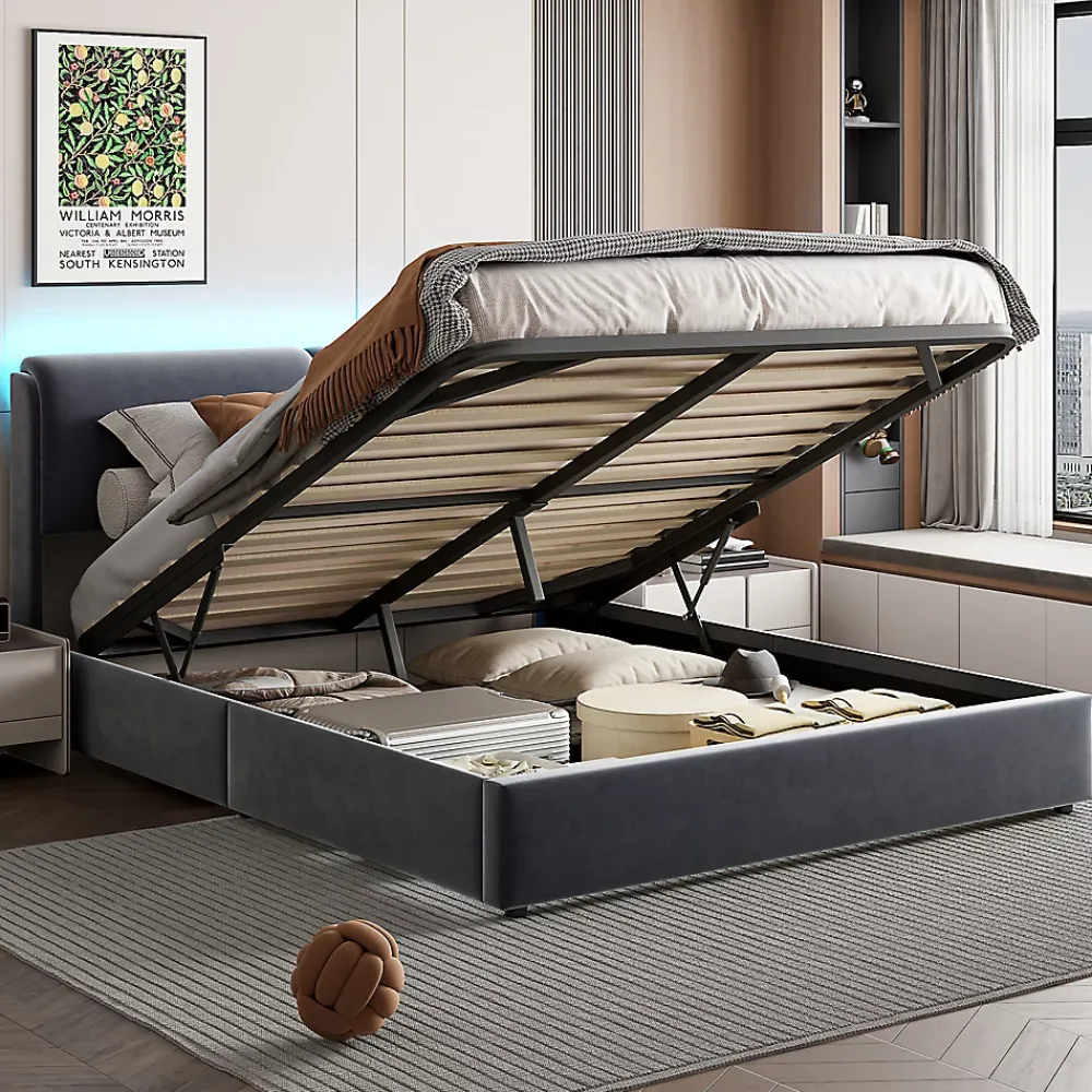 Simple Life Lit coffre 160x200 cm, capitonné, rangement, sommier à lattes, tête de lit, velours beige (2 personnes).* Lit Coffre
