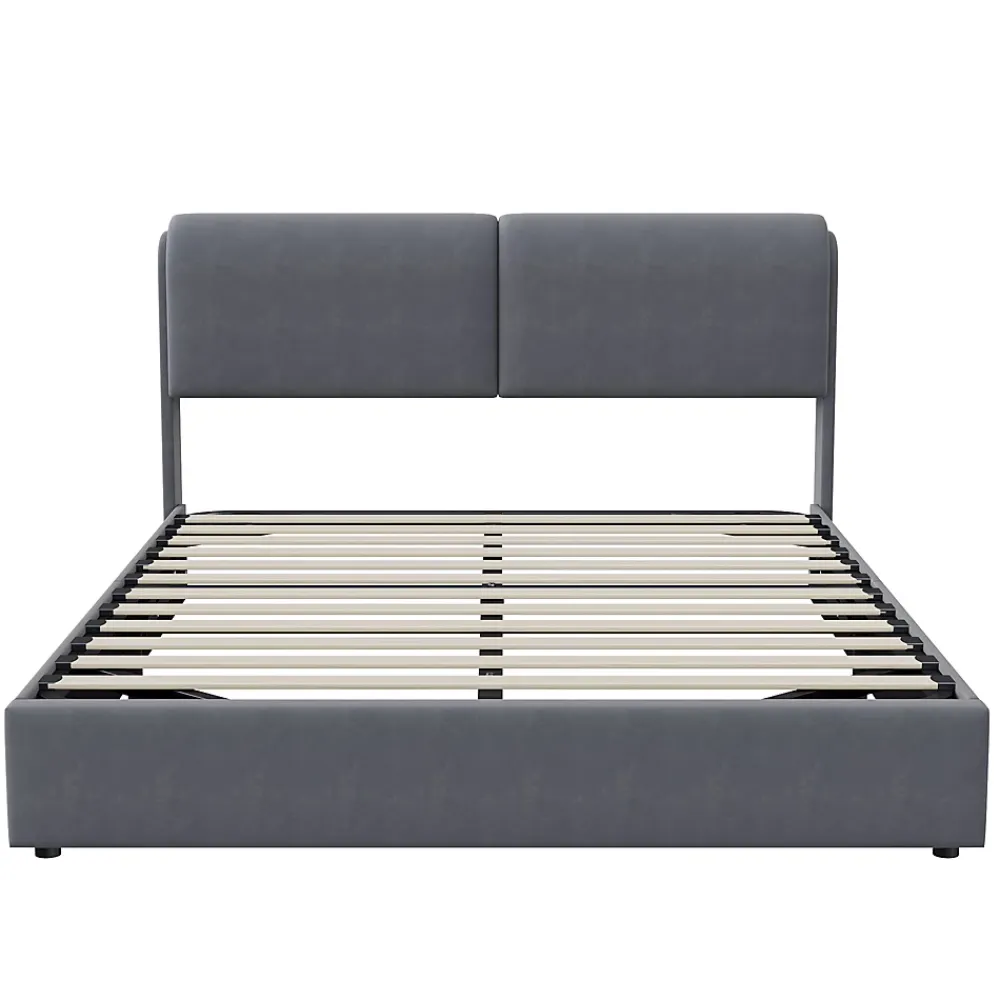 Simple Life Lit coffre 160x200 cm, capitonné, rangement, sommier à lattes, tête de lit, velours beige (2 personnes).* Lit Coffre