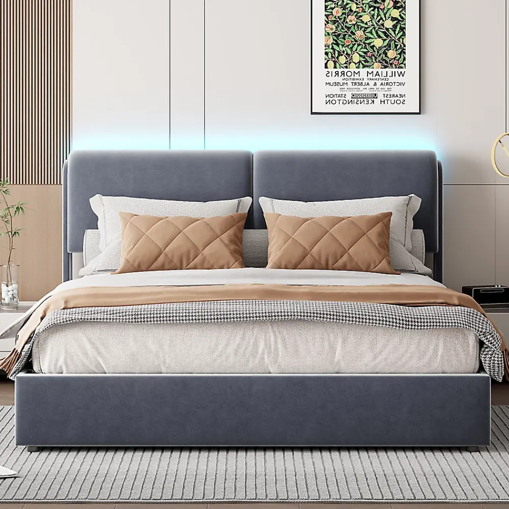 Simple Life Lit coffre 160x200 cm, capitonné, rangement, sommier à lattes, tête de lit, velours beige (2 personnes).* Lit Coffre