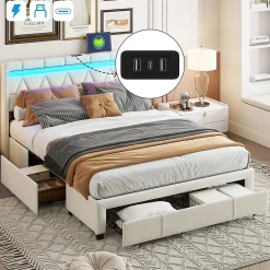 Lit coffre 160x200 cm, capitonné lin, lit double avec 4 tiroirs, LED, USB & Type-C, sommier à lattes et tête de lit, Beige><noscript><img width=