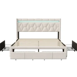 Lit coffre 160x200 cm, capitonné lin, lit double avec 4 tiroirs, LED, USB & Type-C, sommier à lattes et tête de lit, Beige><noscript><img width=
