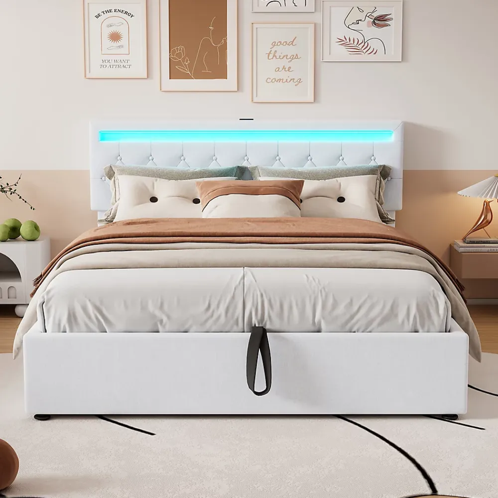 Generique Lit coffre 160x200 cm double adulte avec télécommande LED et ports USB-C, structure lin MDF blanc, sans matelas* Lit Coffre