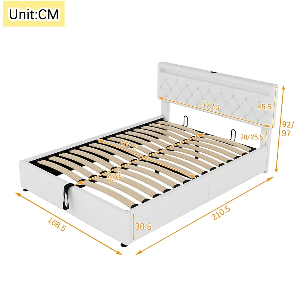 Generique Lit coffre 160x200 cm double adulte avec télécommande LED et ports USB-C, structure lin MDF blanc, sans matelas* Lit Coffre