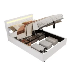 Generique Lit coffre 160x200 cm double adulte avec télécommande LED et ports USB-C, structure lin MDF blanc, sans matelas* Lit Coffre
