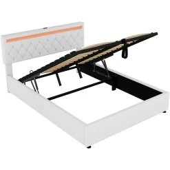 Generique Lit coffre 160x200 cm double adulte avec télécommande LED et ports USB-C, structure lin MDF blanc, sans matelas* Lit Coffre