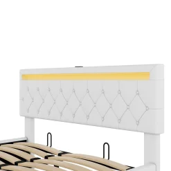 Generique Lit coffre 160x200 cm double adulte avec télécommande LED et ports USB-C, structure lin MDF blanc, sans matelas* Lit Coffre