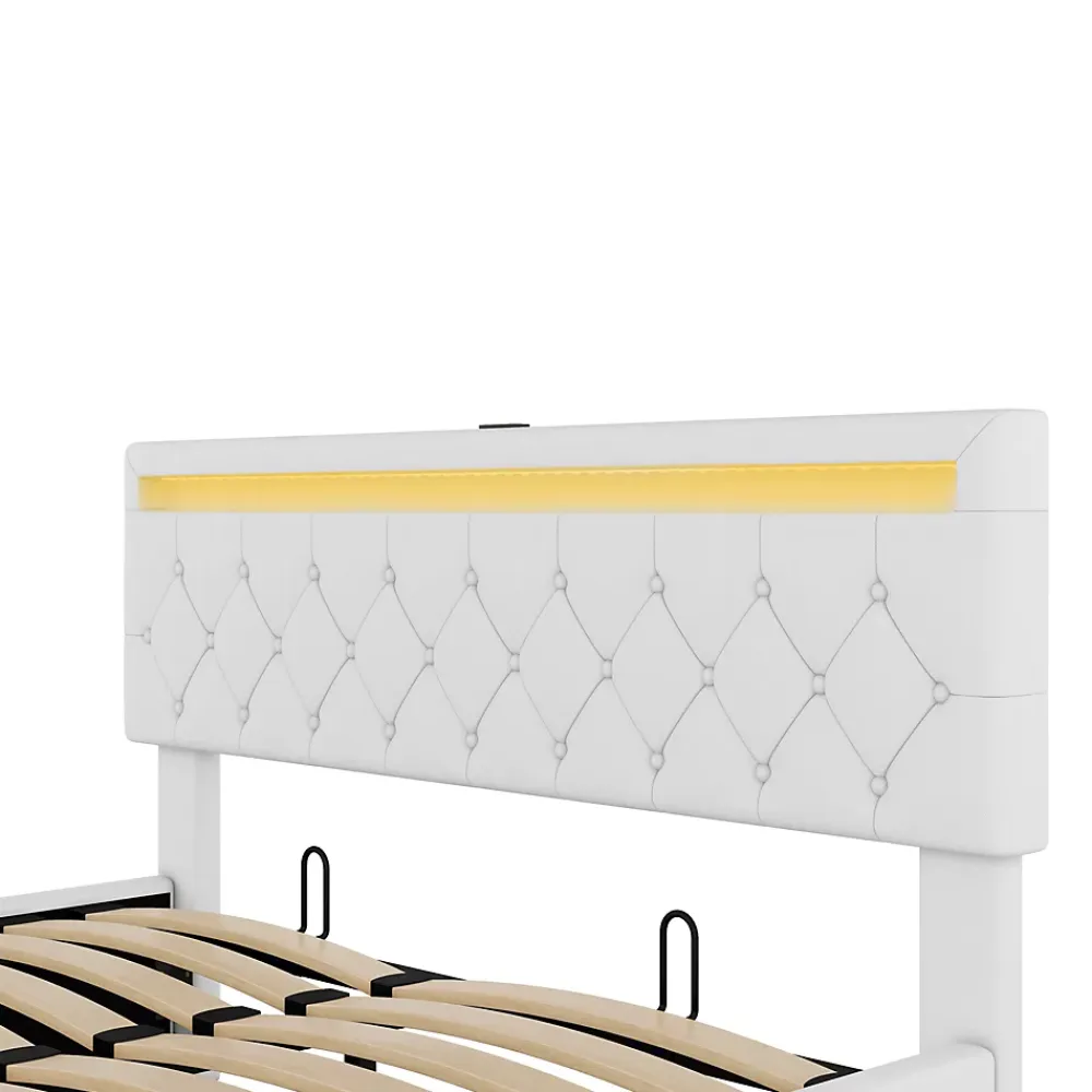 Generique Lit coffre 160x200 cm double adulte avec télécommande LED et ports USB-C, structure lin MDF blanc, sans matelas* Lit Coffre