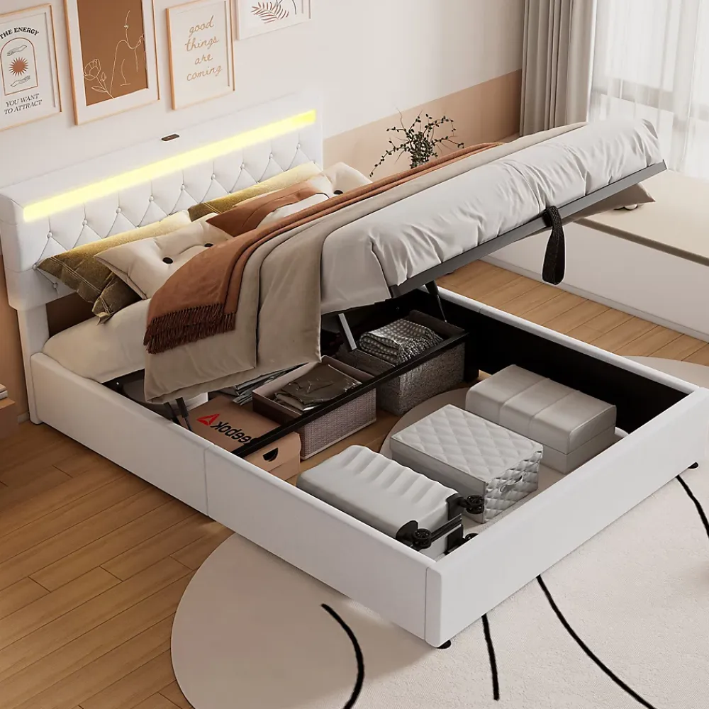 Generique Lit coffre 160x200 cm double adulte avec télécommande LED et ports USB-C, structure lin MDF blanc, sans matelas* Lit Coffre