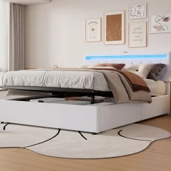 Generique Lit coffre 160x200 cm double adulte avec télécommande LED et ports USB-C, structure lin MDF blanc, sans matelas* Lit Coffre