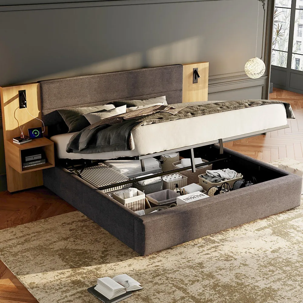 Okwish Lit coffre 180x200 cm double capitonné avec grandes oreilles, 2 tables de nuit, coffre de rangement, velours gris, sans matelas* Lit Coffre