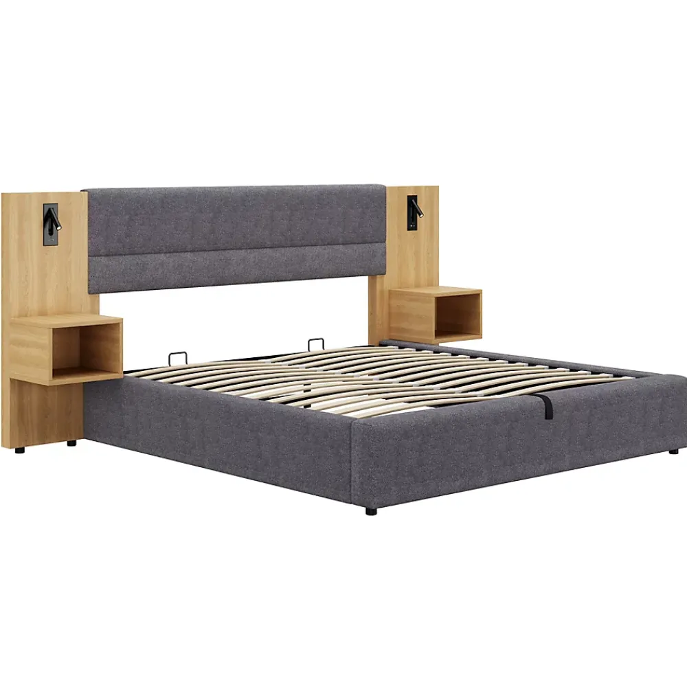 Okwish Lit coffre 180x200 cm double capitonné avec grandes oreilles, 2 tables de nuit, coffre de rangement, velours gris, sans matelas* Lit Coffre